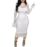 Famnbro Womens Lace Dress Long Sleeve Sexy See Through Bodycon Elegant Formal Party Cocktail 2 Piece Dresses Sets