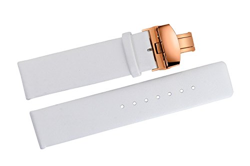 16mm Luxury White Matte Leather Watch Straps Replacements Thin Smooth for Women's High-end Wristwatches with Rose Gold Deployant Butterfly Clasp Buckle