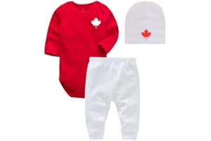 3-Piece Canada Baby Set, Custom Handmade Baby Canada Maple Leaf Bodysuit, Pants and Hat Set L3 (9M, Long Sleeve R/W)