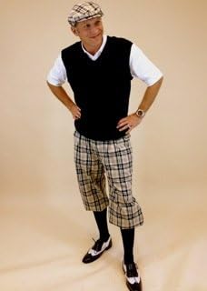 Men's Golf Outfit - Khaki Turnberry Plaid Knickers, Black Sweater, Socks and Cap (Small Sweater, 38)