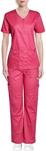 DaCo Uniforms Women's Solid Stretch Medical Scrub Set Zipped Top Pant