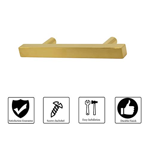Brushed Brass Drawer Pulls 3" 76mm Pack of 12 Kitchen Furniture Hardware Bathroom Cupboard Door Pull Handles Gold Cabinet Knobs T Square Bar Handle 5" 128mm Length