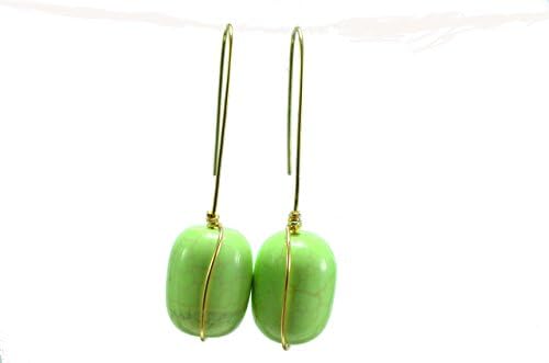 Cindy Barrel Shaped Green Turquoise-Magnesite Drop Earrings with Gold Plated Wire