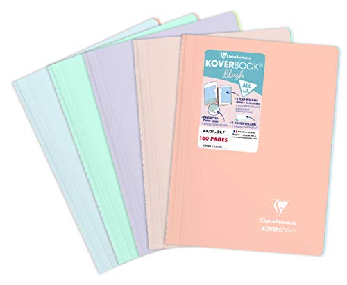 Clairefontaine 376781C - Packung mit 5 Heften Koverbook Blush PP, Spiralbindung, DIN A4 80 Blatt liniert, farbig sortiert, 1 Pack
