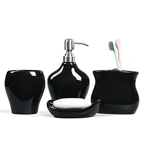FORLONG FL3021 Black Ceramic Bathroom Accessories Set of 4:1 Gargle Cups,1 Toothbrush Holders,1 Soap Dishes,1 Soap Dispenser