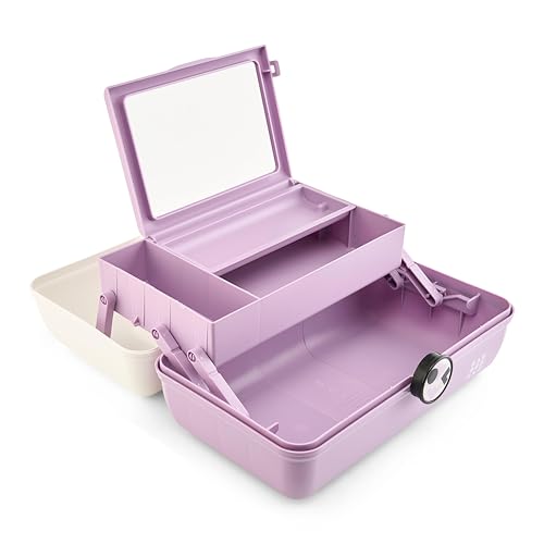 Caboodles School Spirit On-The-Go Girl Makeup Box, White Over Lavender, Hard Plastic Makeup Organizer Box, Built-In Mirror, Secure Latch for Safe Travel, Spacious Storage for Large Items