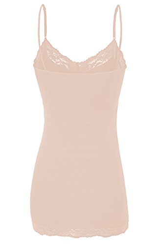 XT1004L Ladies Adjustable Spaghetti Strap Lace Trim Long Tunic Cami Tank Top L.Pink 2XL