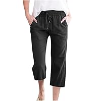 Capris Pants for Women Wide Leg Breathable Cotton Linen Pant Casual Summer Flowy Straight Elastic Waist Trouser