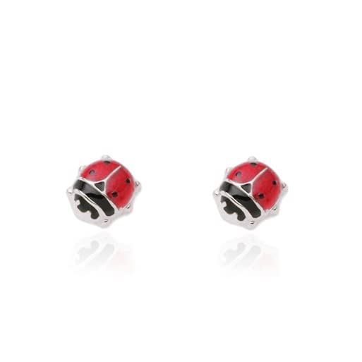 Mondepetit - 925 Sterling Silver Red-Black Enamel Ladybird shine earrings