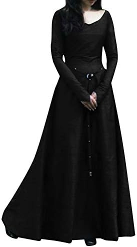 Fiaya Women's Plus Size Medieval Vintage Renaissance Long Sleeve Bandage Floor Length Party Dress Gown