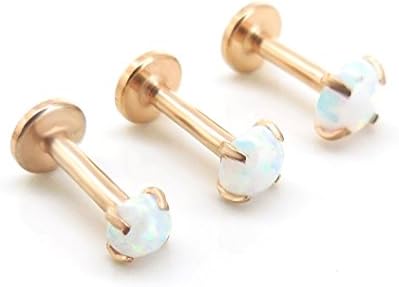 Emmajewels 16G 1/4 Rose Gold Plated Triple Forward Fire & Ice Simulated Opal Helix Stud Earring Cartilage 2-4mm Prong Set (3,3.5,4mm Stones)