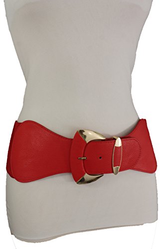 TFJ Women Fashion Wide Belt Elastic Hip High Waist Gold Metal Buckle Fits S M Red
