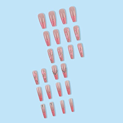 BABALAL Coffin Press on Nails Long Fake Nails Pink French Glue on Nails Shiny Rhinestone Acrylic Nails Heart Ballerina Stick on Nails 24Pcs Valentine's Day False Nails for Women and Girls - Image 3
