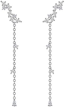 QUKE 925 Sterling Silver Cubic Zirconia Crystal Climber Earrings Long Drop Dangle Ear Vine Wrap For Girls Women