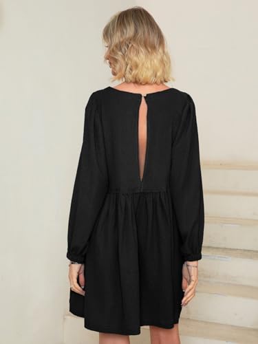 WOMENS BABYDOLL DRESS PUFF SLEEVE FLOWY SUMMER MINI DRESSES BLACK S