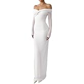 Off Shoulder Long Sleeve Bodycon Maxi Dress Mesh Twist Ruched Wedding Guest Formal Party Fall Dresses for Women