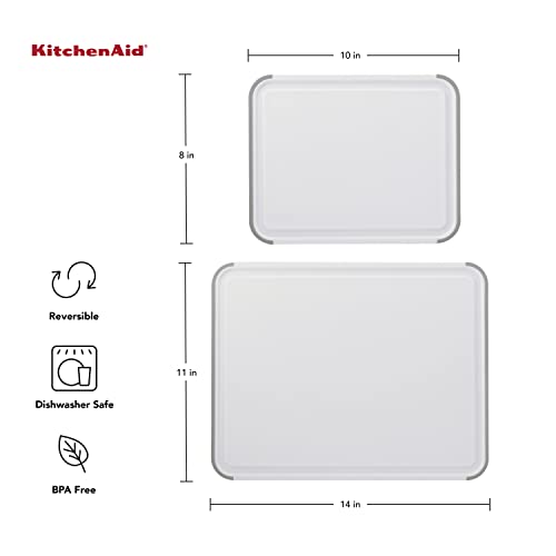 KitchenAid Classic Nonslip 2-Piece Plastic Cutting Board Set with Perimeter Trench and Non Slip Edges, 2-Piece Kitchen Chopping Boards, Dishwasher-Safe, White and Gray