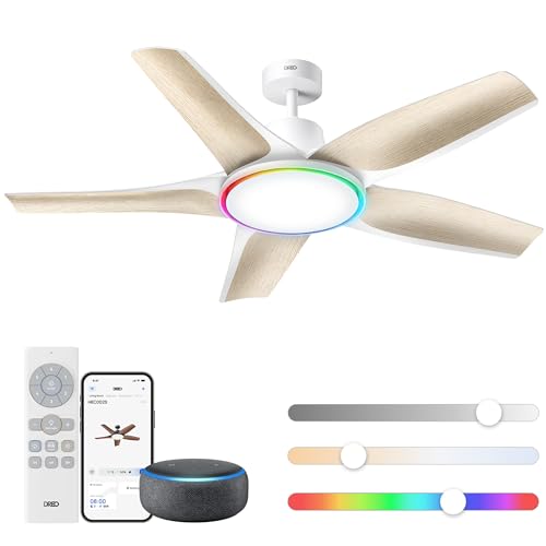 Dreo Low Profile Smart Ceiling Fan with Light 52", Dimmable LED with Adjustable Color Temperature, RGB Ambient Lighting, Quiet DC Motor, Easy Installation, APP, White