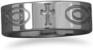 Cross and Christian Fish Ichthys Symbol Band Ring Tungsten Carbide 7.5mm Width, Size 8.5