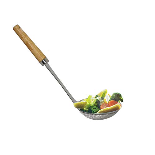 Premium Stainless Steel Spider Strainer with Natural Wooden Handle | Spider Mesh Basket for Cooking | Wire Skimmer with Spiral Mesh, Professional Grade Handle Skimmer Spoon, Ladle for Spaetzle, Pasta,