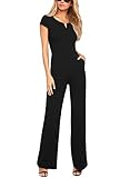 HOTAPEI Women High Waist Jumpsuits Short Sleeve V Neck Wide Leg Long Romper Pants Black M