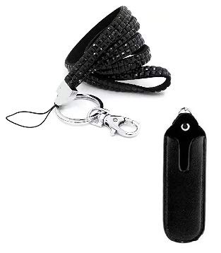 Rhinestone Bling Crystal E Cig Lanyard Neck Strap & Matching Faux Leather Shisha Holder (Black)