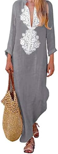 CRYYU Women Islamic Abaya Muslim Kaftan V Neck Long Sleeve Maxi Dress