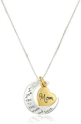 Two-Tone Sterling Silver "Mom I Love You To The Moon and Back" Heart Pendant Necklace, 18"