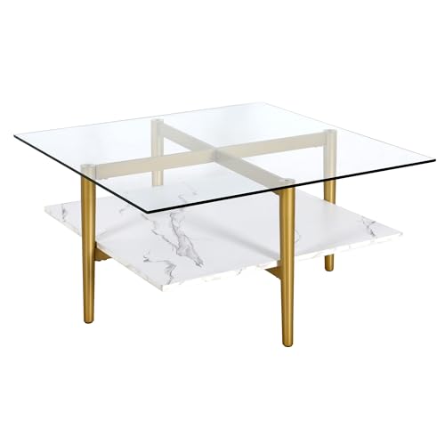Otto 32" Wide Square Coffee Table with Faux Marble Shelf in Brass