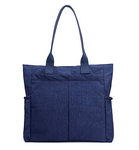 Nylon Water Resistant Multi Pockets Large Lightweight Tote Bag Shoulder Bag for Gym Hiking Picnic Travel Beach Waterproof Tote Bags (Dark Blue HB)