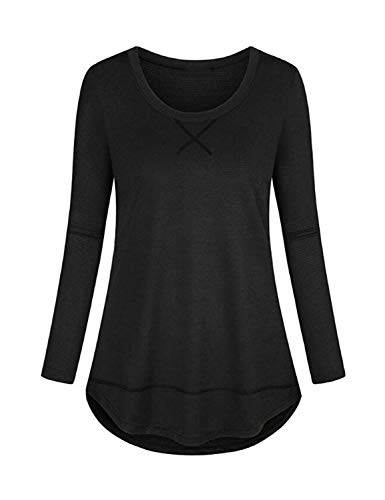 Koscacy Plain T Shirts for Women, Ladies Autumn Long Sleeve Slim Fit Tunic Round Neck Swing Gym Athletic Tees Youth Cycling Yoga Jogging Tops Moisture Wicking Relaxed Versatile Activewear Black XL