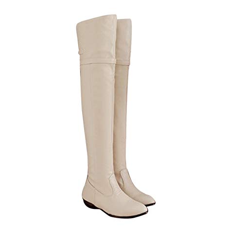 Women's Boots Long Boots, NDGDA Knight Boots Round Head High Belt Buckle Flat Boots (Beige, US:7)