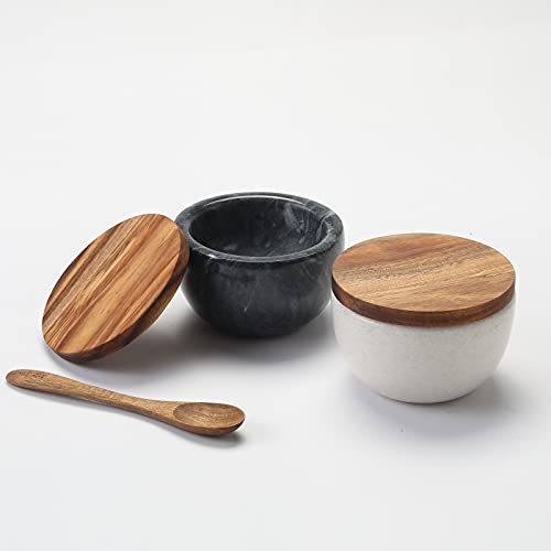 jalz jalz Marble Salt and Pepper Bowls Salt Box Salt Cellar Set Wood