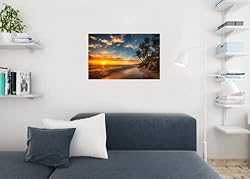 Sunset Over Tropical Beach Palm Tree Ocean Photo