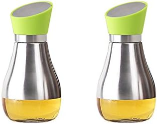 Kitchen Oil And Vinegar Dispenser Stainless Steel and Lead Free Glass Oil Bottle 400ML Green Pack of 2