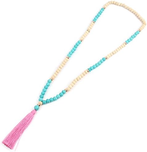 Shinus Necklace Women Turquoise Chakra Natural Gemstone Beads Pink Tassel Pendent Boho Style Chain