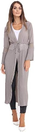 fashioncrazexx Ladies Long Kimono Open Front Lace Abaya Womens Maxi Style Belted Pleat Cardigan