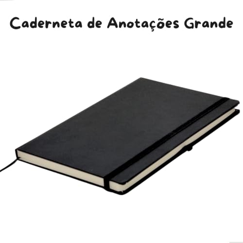 Caderneta A5 Tipo Moleskine Executiva, Capa em Couro Sintético Premium, com Elástico para Fechar, Fita Marca Páginas e Porta Caneta (Preto com Pauta)