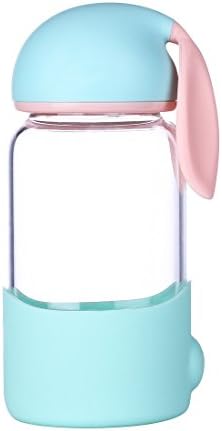 QILEYIN Cute Rabbit Shape Portable Glass Water Bottle Anti-slip Silicone Sleeve with Eco-friendly Borosilicate Glass Bottle, BPA, PVC, Plastic and Lead Free,SB60286 (Blue)