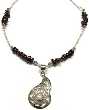 Natural Garnet Necklace. Natural Titanium Moonstone in 925 Sterling Silver Large Setting Pendant. Crystal Accents. Chakra Flow.