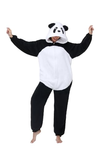 Chuangminghangqi Einteiliger Schlafanzug Damen Winter Einteiler Tierkostüm Erwachsene Kostüm Jumpsuit Mit Reißverschlüsse Locker Und Bequem Pyjama Unisex Onesie Kleidung Mit Kapuze(Panda,Xxl)