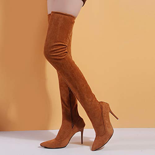 Dermanony Womens Over Knee High Heel Boots Fashion Flock Pointed Toe Zipper High Boots Solid Color High Heel Shoes Brown - Thumbnail 2