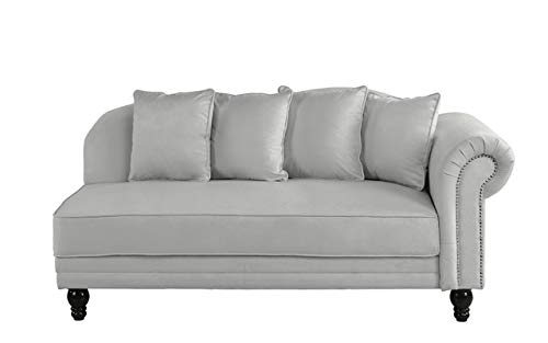 Sofamania Large Classic Velvet Fabric Living Room Chaise Lounge with Nailhead Trim (Light Grey)