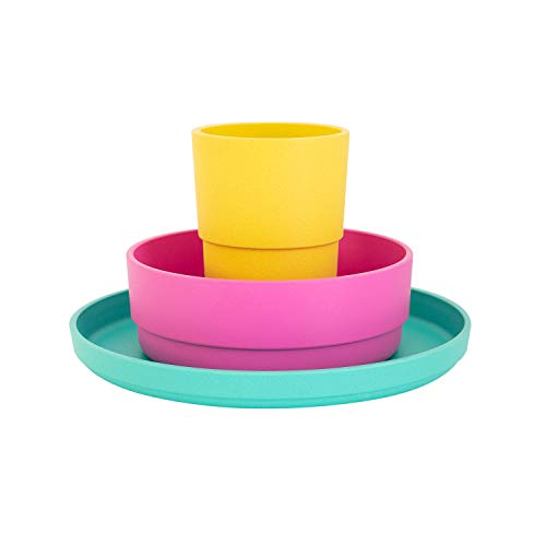 BOBO&BOO Plant-Based Dinnerware Set for Children, 3 Pieces - Eco-Friendly Kids Dishes, Microwave and Dishwasher Safe - Biodegradable Cups, Plates, and Bowls - Plant-Based Dishware - TROPICAL