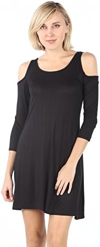 3/4 SLEEVE COLD SHOULDER DRESS (Medium, Black)