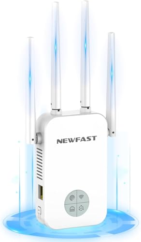 NEWFAST WiFi Signal Amplifier, AC1200 Dual Band WiFi Repeater 5GHz and 2.4GHz, Wi-Fi Extender with WPS Button, Ethernet Port, 4 Antenna, Smart Display, for Home/Office (White)
