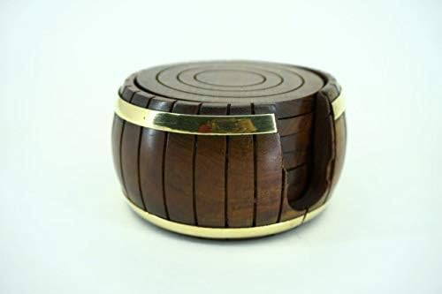 VA Hand Crafted Sheesham Wooden Coaster Size (Diameter 6.5 cm) with Barrel Holder