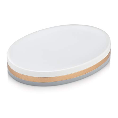 Essentra Home Day and Night Collection White and Grey with Gold Stripe Soap Dish Holder for Bathroom Sink or Shower Also Great for Kitchen