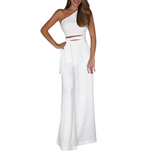 Sunyastor One Shoulder Jumpsuits for Women Elegant Night Sexy Casual Summer Rompers Wide Leg Shorts Long Pants Belt Pockets White - Thumbnail 6