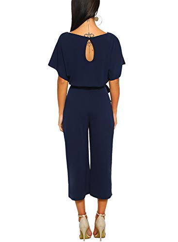 Asyoly Women Casual Long Pants Loose Wide Legs Jumpsuits Rompers Batwing Sleeve Crew Neck